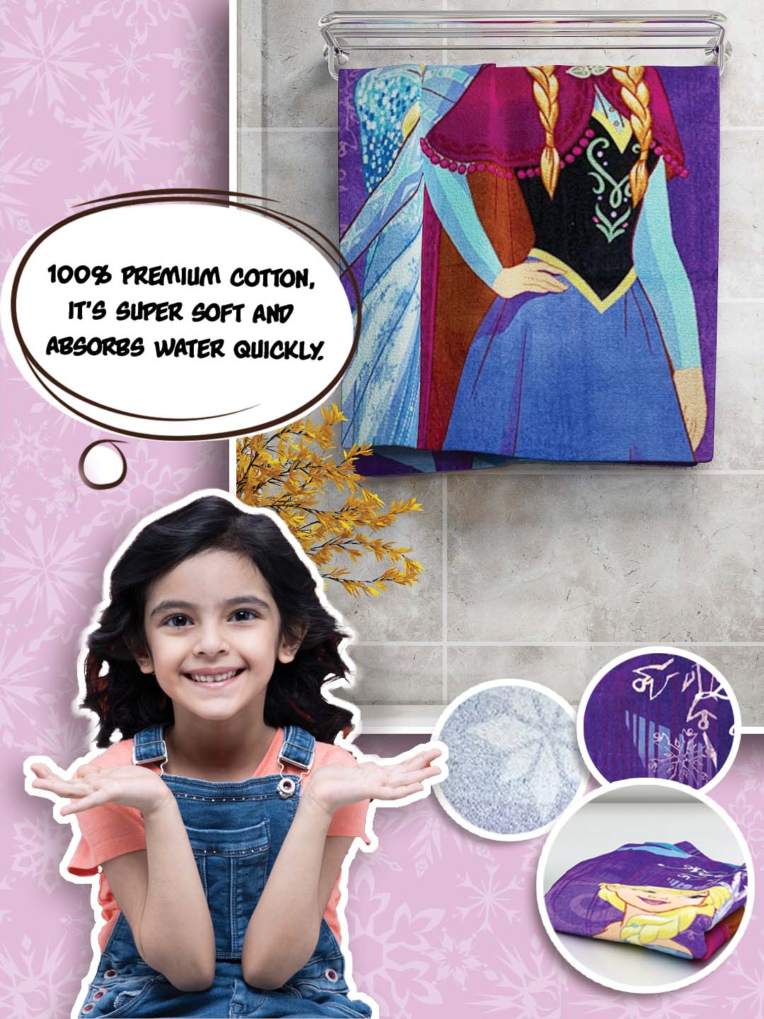 Frozen AGLOW Disney Kids Cotton Bath Towel – 60x120 cm, 350 GSM Absorbent Fabric, Soft & Lightweight, Perfect Bath Essential for Kids by Athom Living.