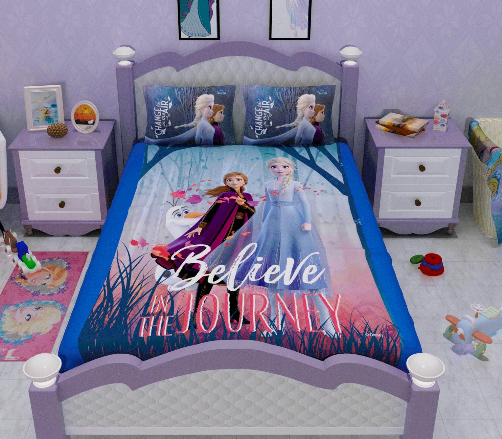 Frozen Believe in Journey themed kids bedsheet set with 2 pillow cover by Athom Living, designed in soft cotton with vibrant character prints, perfect for a child’s double bed and adding comfort and charm to kids’ rooms.