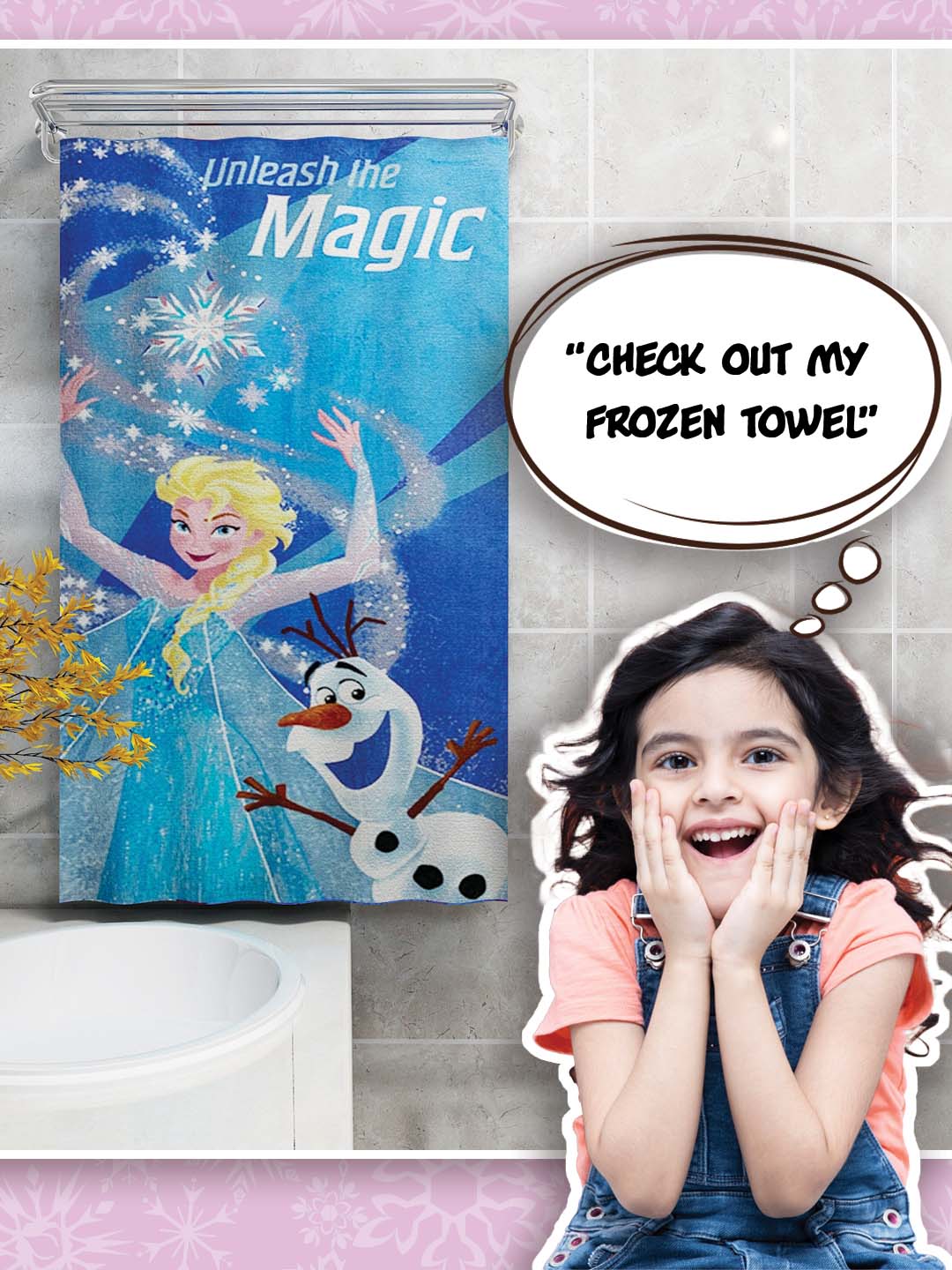 Frozen Disney kids bath towel 60x120 cm made from 100% cotton, premium 350 GSM fabric, absorbent, skin-safe, and quick-drying.