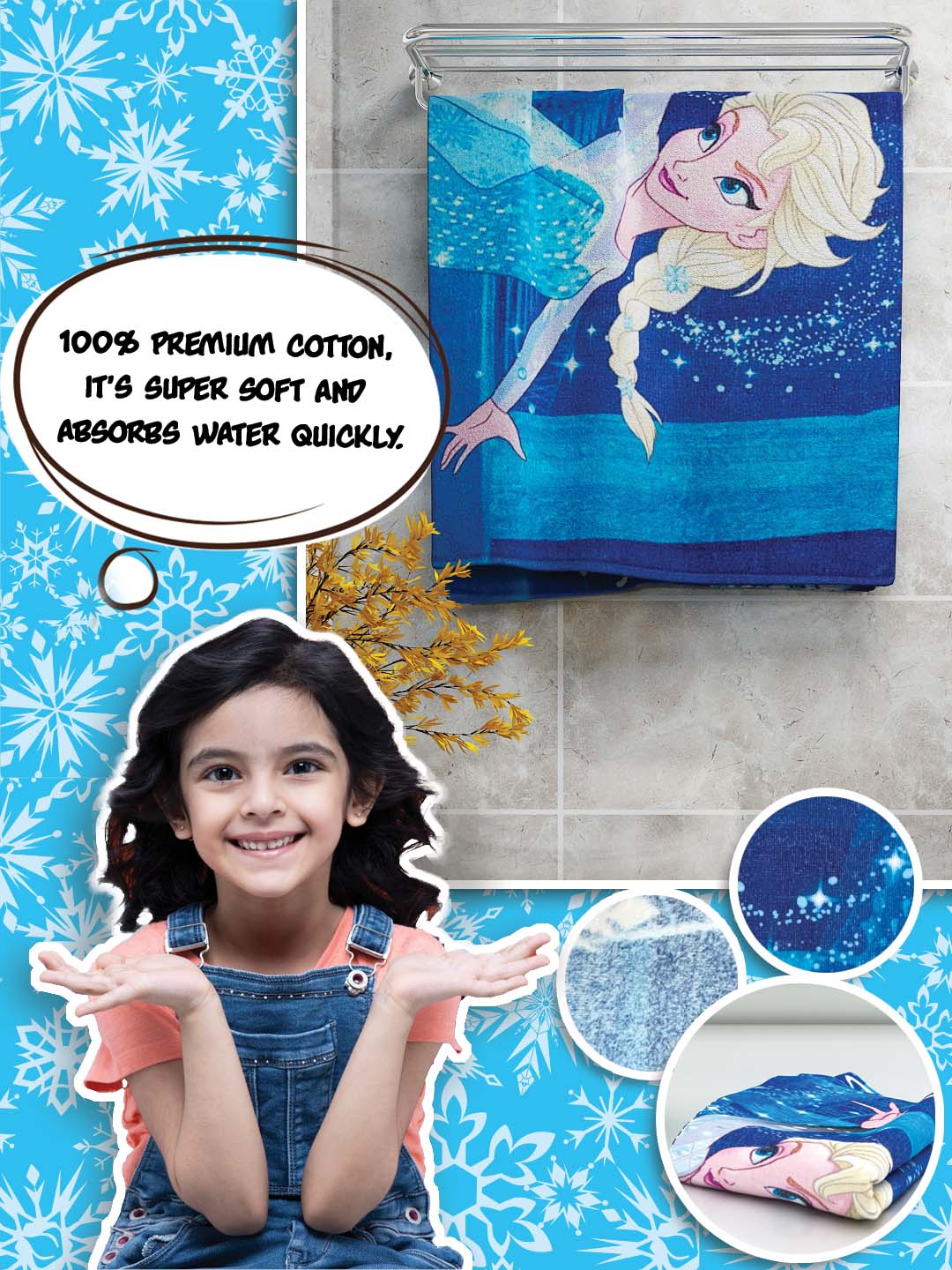 Frozen Elsa kids bath towel – 100% cotton, 350 GSM, 60x120 cm. Soft, quick drying towel from Athom Living Disney collection.