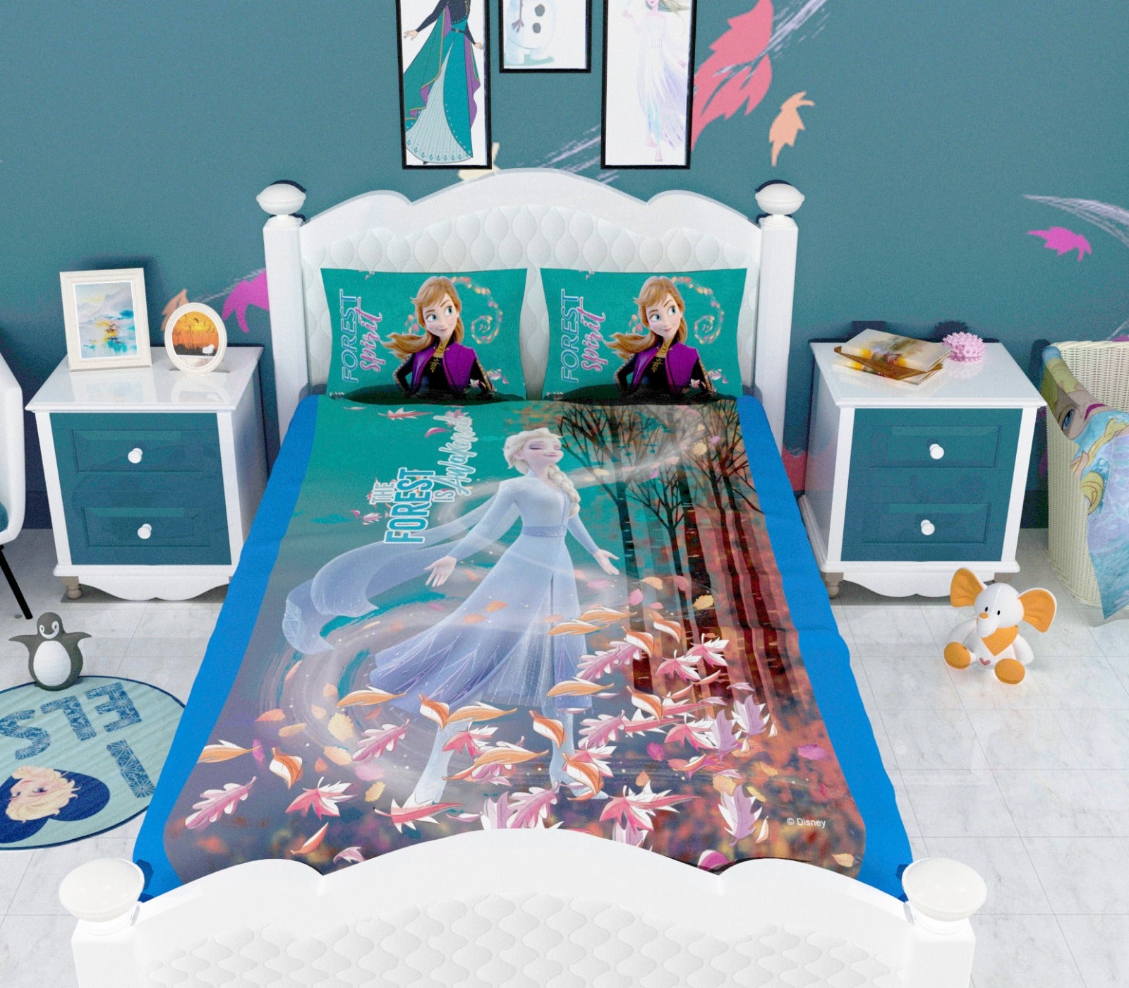Frozen Forest Adventure theme kids bedsheet set with 2 pillow cover designed in soft cotton, featuring charming characters and a double-size layout, perfect for brightening children’s rooms with comfort.
