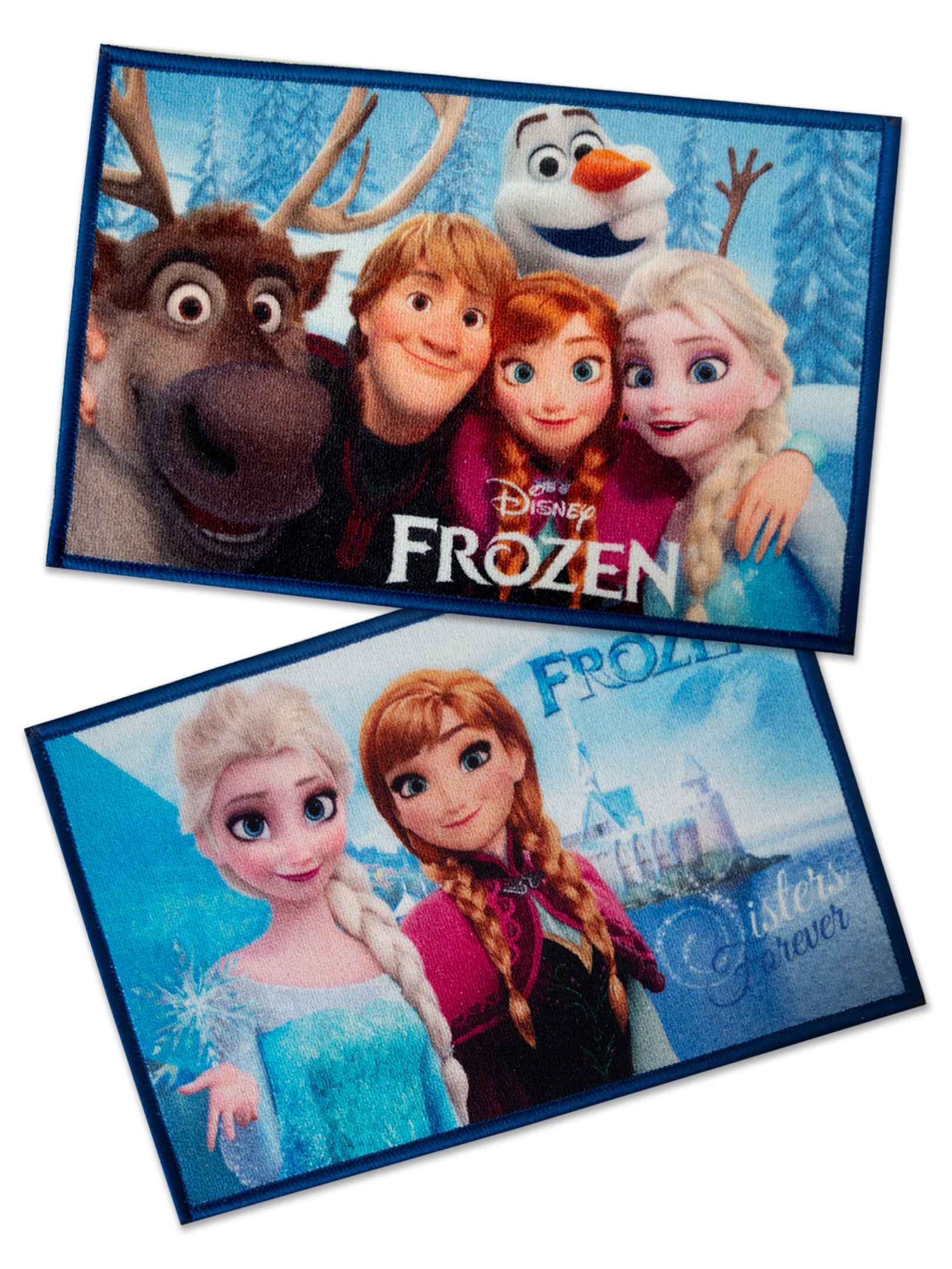 Frozen themed Anna & Elsa Sister Forever kids doormat by Athom Living, multicolor digital print, nylon fabric with anti-skid latex backing, pack of 2