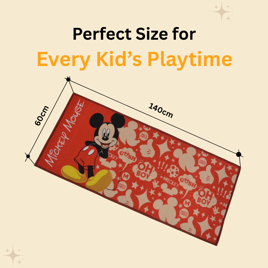 Fun Mickey Mouse Kids Bath Towel and Kids Runner Carpet Combo, medium-size towel 60x120cm, runner 60x140cm, soft cotton, child-friendly, perfect for bath or playroom, from Athom Living.