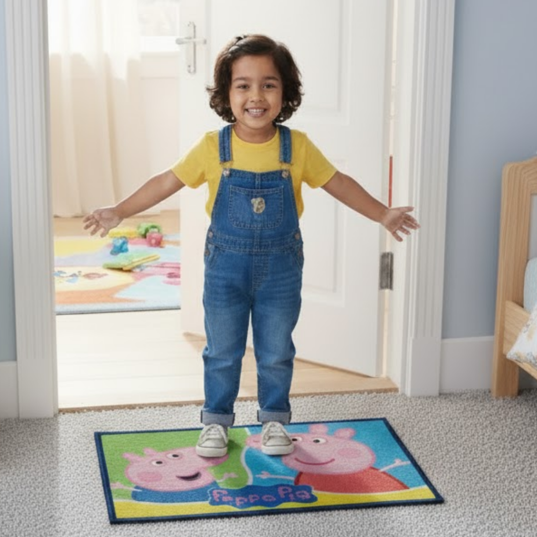 Fun Peppa Pig bath towel and kids doormat combo, featuring soft fabric and playful designs, perfect for kids’ bathroom safety and comfort, available at Athom Living online.