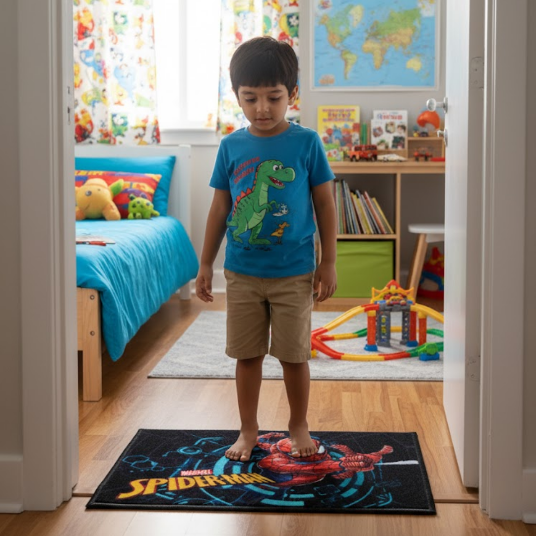 Fun SpiderMan-themed kids bath towel paired with durable kids doormat, combo-pack by Athom Living, adds style and comfort to your child’s bathroom or bedroom space.