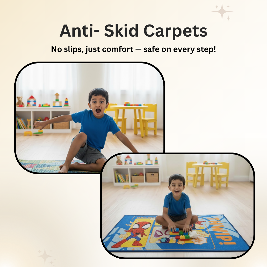Fun and adventurous Spidey themed carpet for kids, 90x150cm, crafted with soft material and colorful Spider-Man graphics, ideal for adding personality and excitement to any room.
