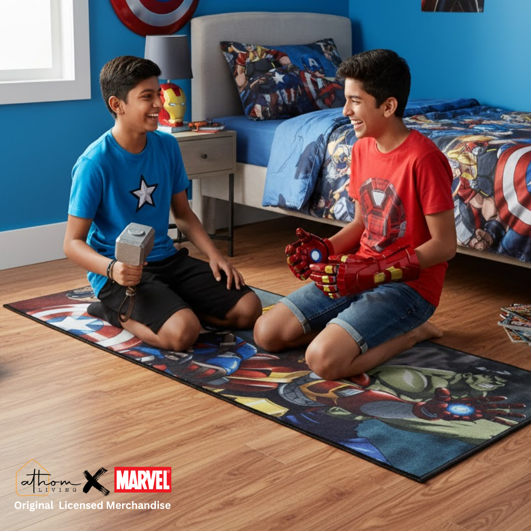 Fun and colorful Avengers kids runner carpet showcasing superhero action scenes, ideal for bedrooms, play areas, and living spaces, keeping children entertained while enhancing room decor.