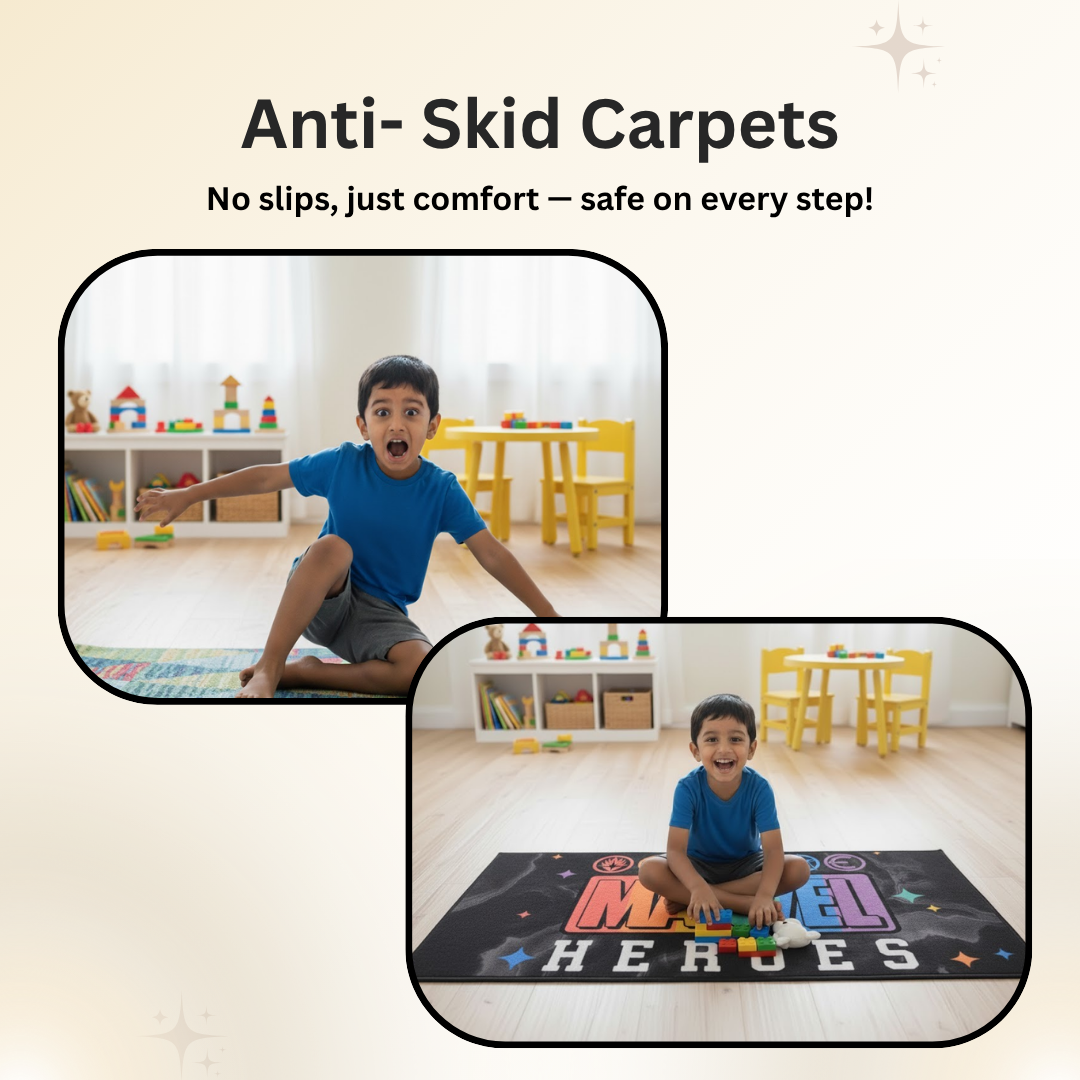 Fun and colorful Marvel Heroes carpet by Athom Living, crafted to enhance children’s bedrooms or play areas with favorite superheroes, soft texture, and 90x150cm dimensions.