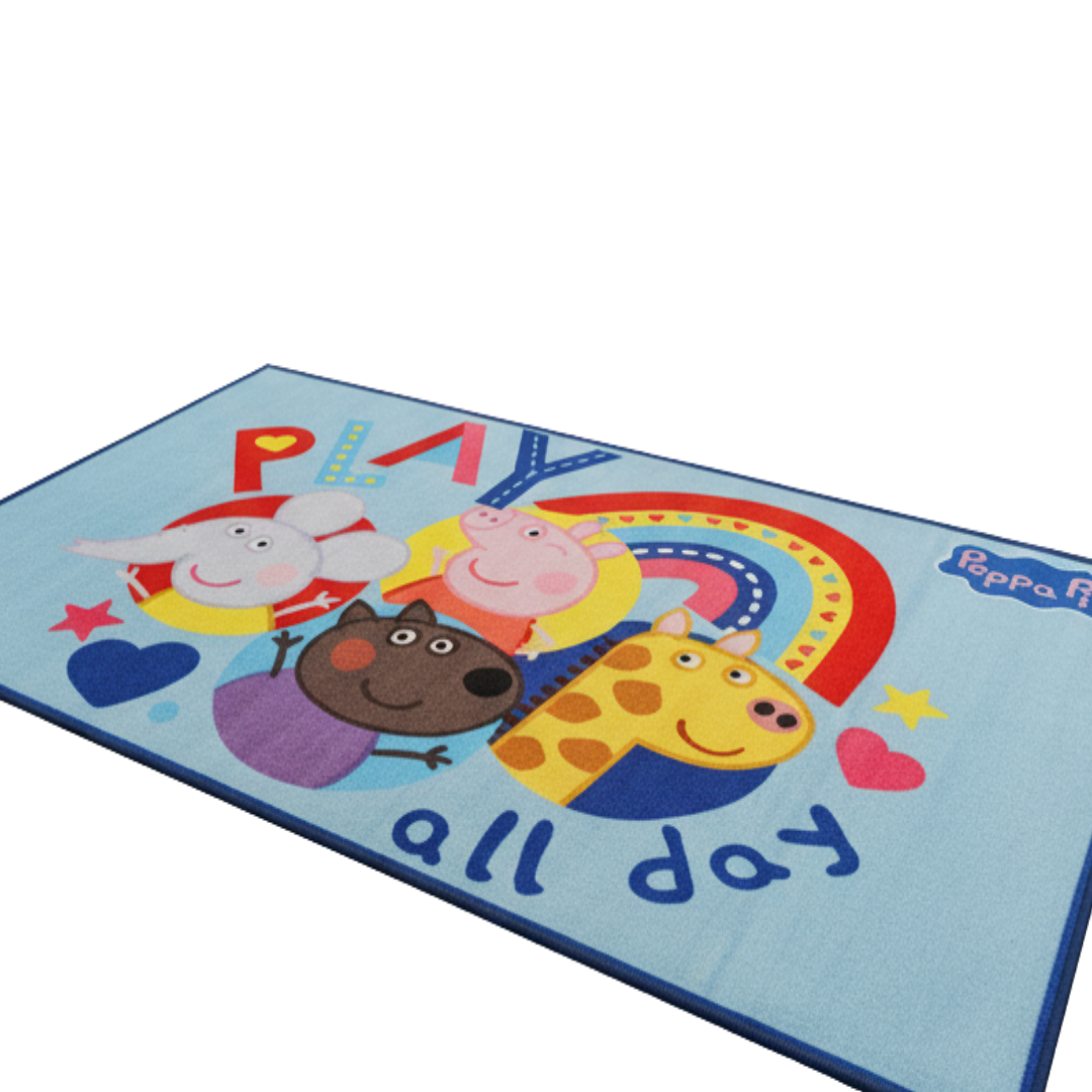 Fun and colorful Peppa Pig kids carpet by Athom Living, measuring 90x150cm. The soft carpet creates a safe and cheerful space for children to play, learn, and relax comfortably.
