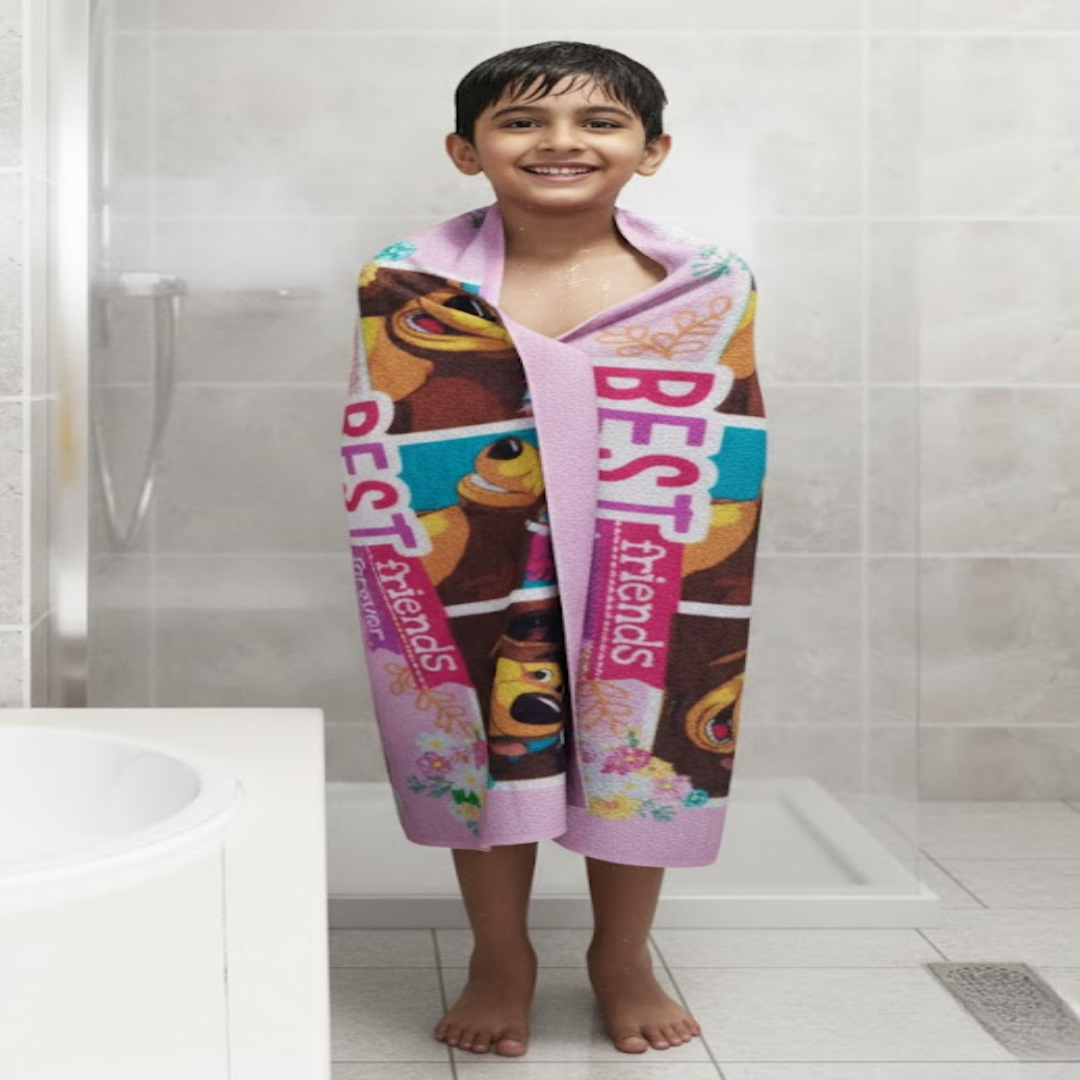 Fun and playful kids bath towel and kids doormat featuring popular Masha and The Bear characters, soft materials, perfect for kids’ bathroom, combo-pack of 2 by Athom Living.