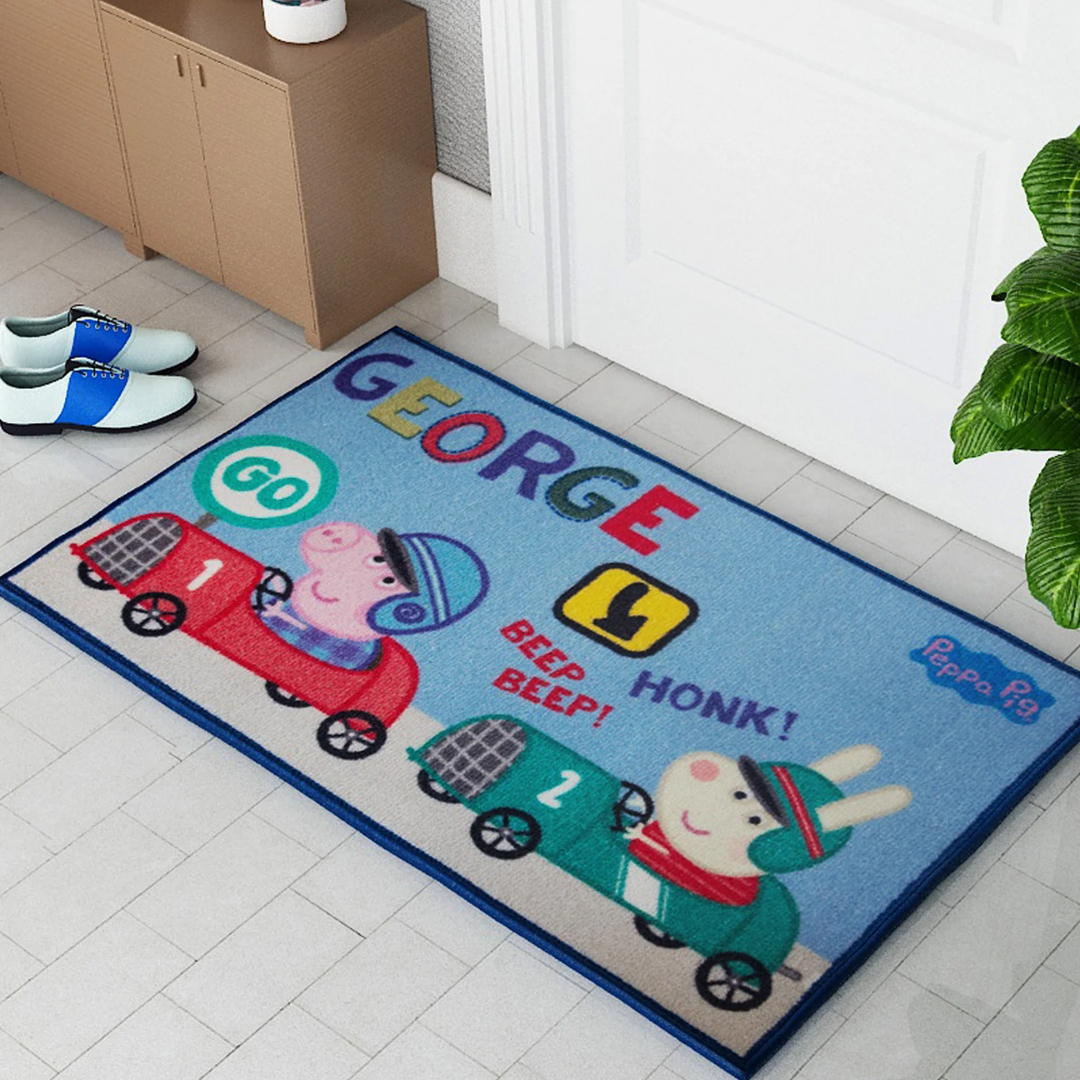 Fun and vibrant Peppa Pig George themed door mat by Athom Living, designed with anti-skid backing for safety and a playful “Beep Beep! Honk Honk!” print that adds joy to any kids’ entryway or play area.