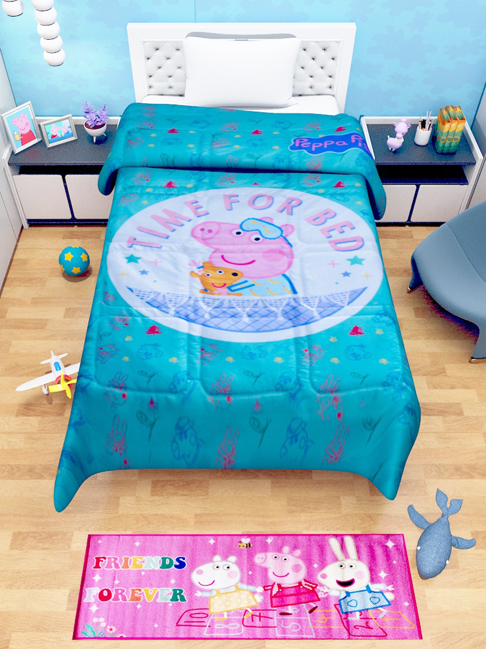 Fun and vibrant Peppa Pig Kids Comforter – Single Size – Time for Bed by Athom Living, designed to brighten your child’s room with cozy comfort.
