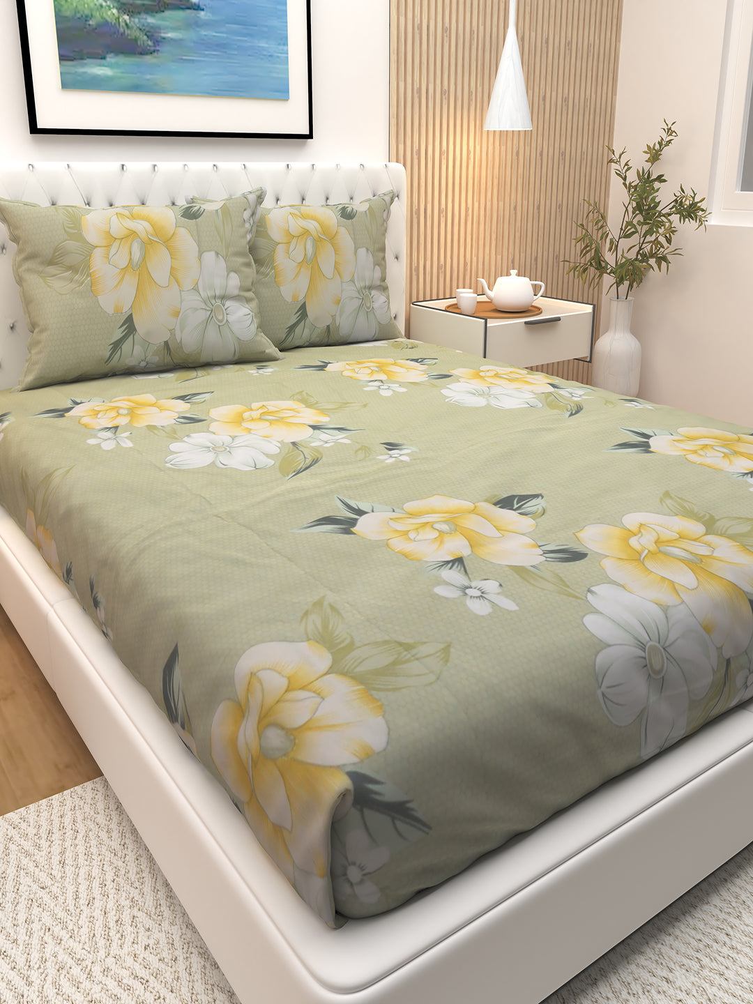 Glory Green Maple Flower Print bedsheet by Athom Living featuring elegant floral patterns, soft material, and two coordinated pillow covers perfect for enhancing your bedroom décor.
