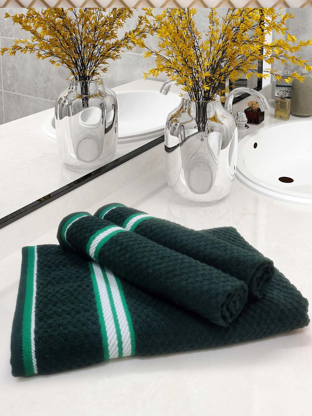 Green popcorn textured cotton bath towel set pack3