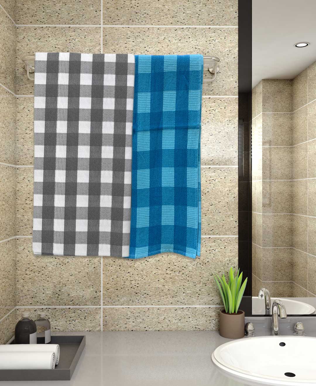 Grey and blue cotton bath towels pack of 2