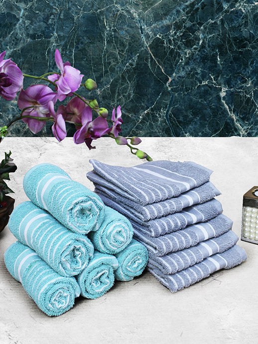 Grey and light blue cotton hand towel pack of 12