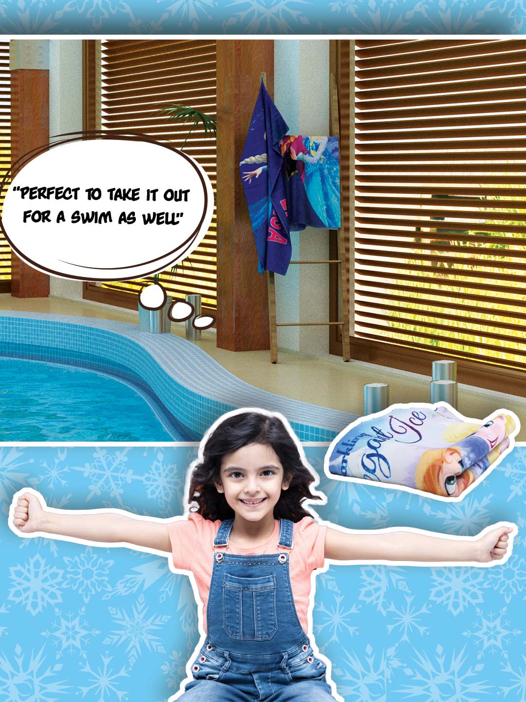 High-quality Disney Frozen Elegant Ice kids cotton bath towel 350 GSM with 60x120 cm dimensions, designed for soft comfort, fast drying, vibrant print, and daily use, making it a perfect kids character bath towel.