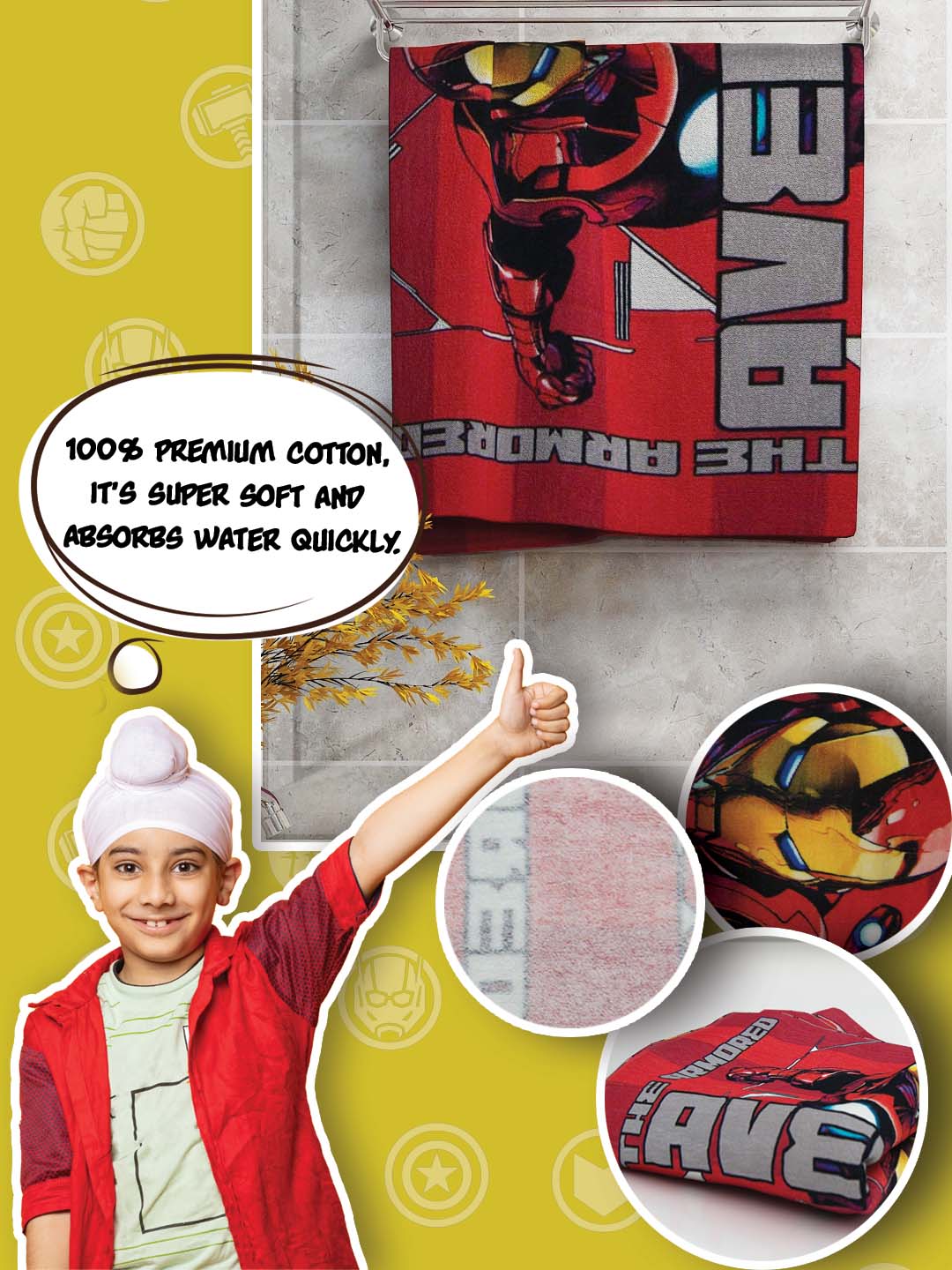 High-quality Marvel Red Avengers kids bath towel in 350 GSM cotton, 60x120 cm, super absorbent, gentle on skin, perfect for boys and girls who enjoy fun and colorful superhero designs.