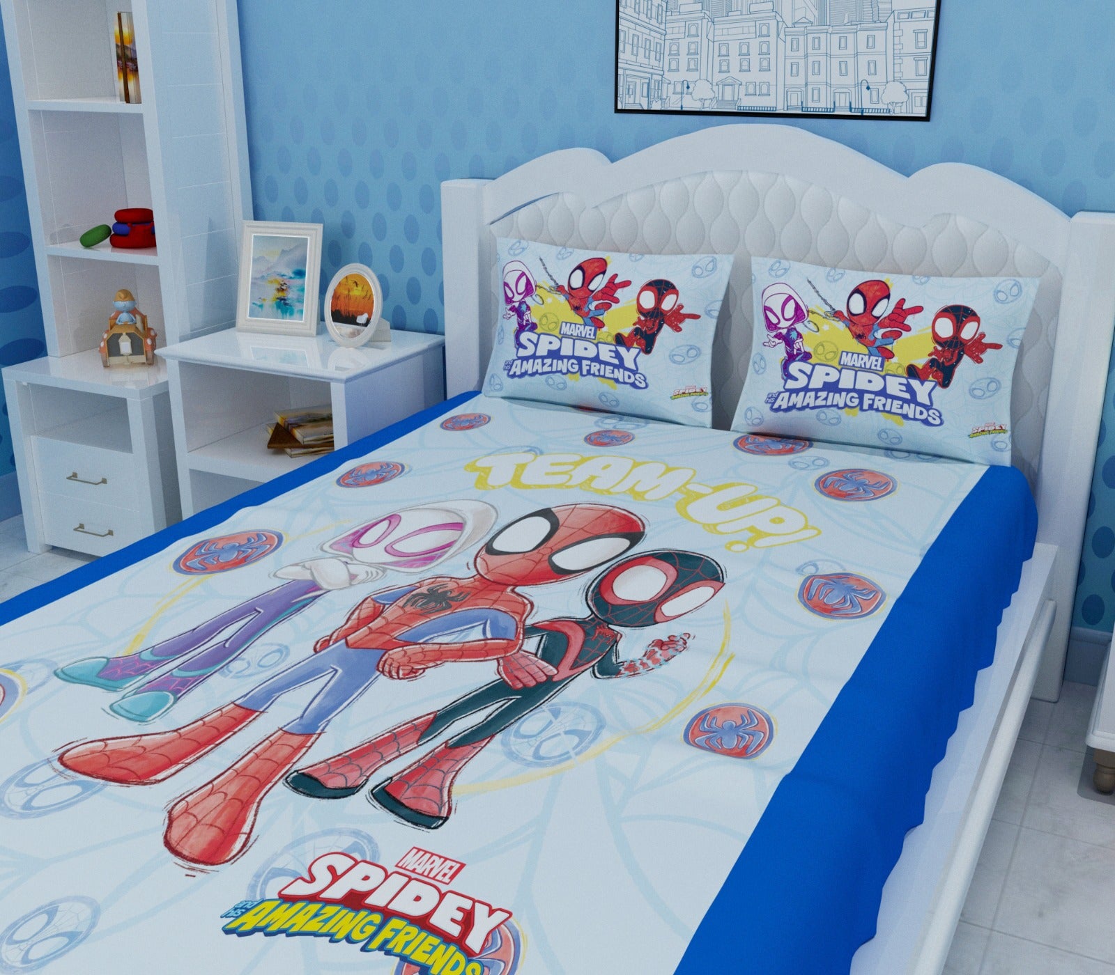 High-quality Spiderman Team Up kids bedsheet set with 2 pillow cover featuring dynamic Marvel artwork, durable stitching, and a cozy texture ideal for creating a fun and engaging bedroom atmosphere.