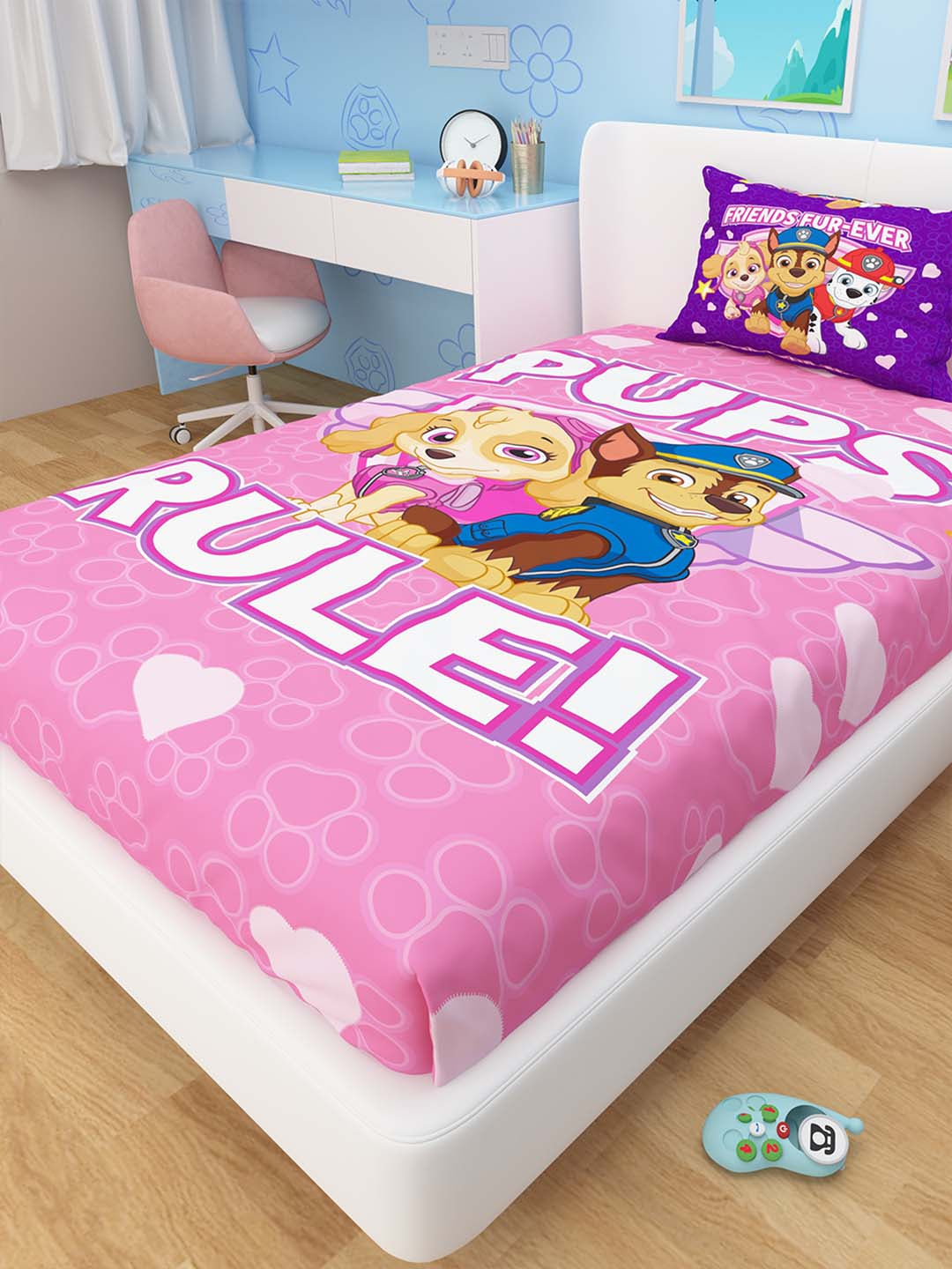 High-quality kids cotton single bedsheet by Athom Living with Paw Patrol Pups Rule print, including a pillow cover, designed for comfort, durability, and cheerful bedroom décor.