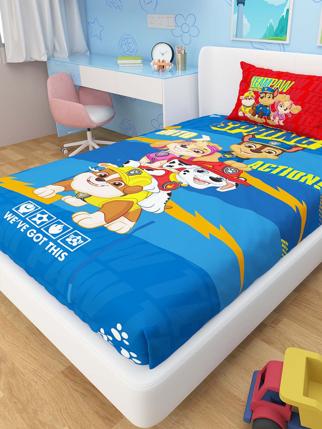 High-quality kids cotton single bedsheet with Paw Patrol characters, vibrant spring colors, and a soft pillow cover to keep your child’s bed both fun and cozy.