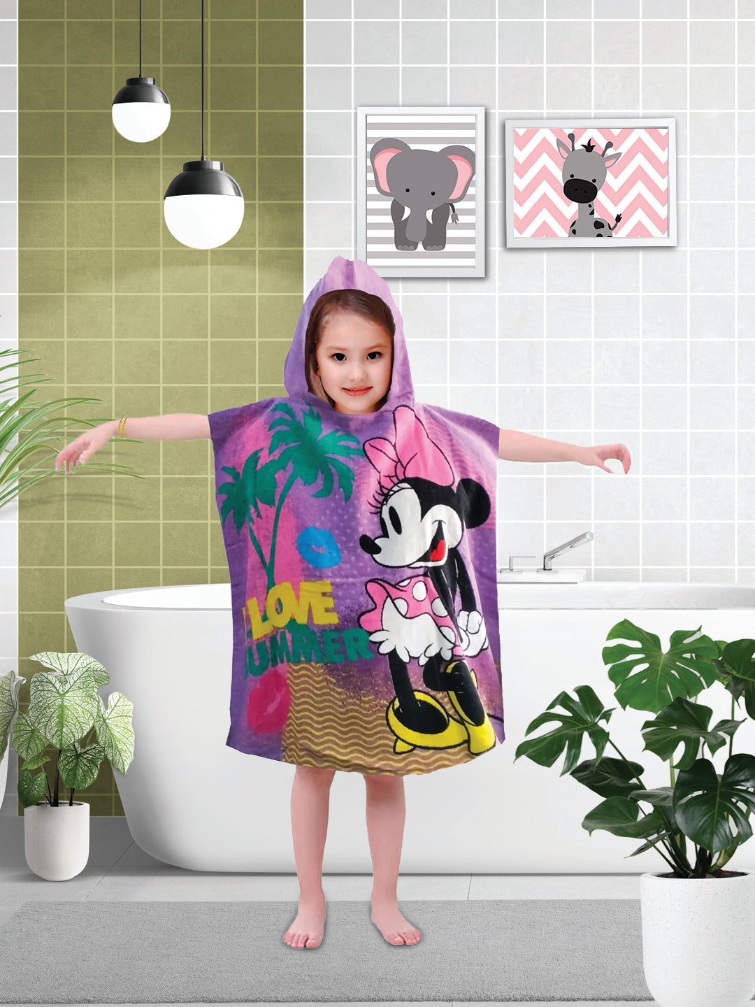 I Love Minnie kids hooded bath towel poncho by Athom Living, made of soft cotton, lightweight, absorbent, perfect for bath time, pool, or beach wear.