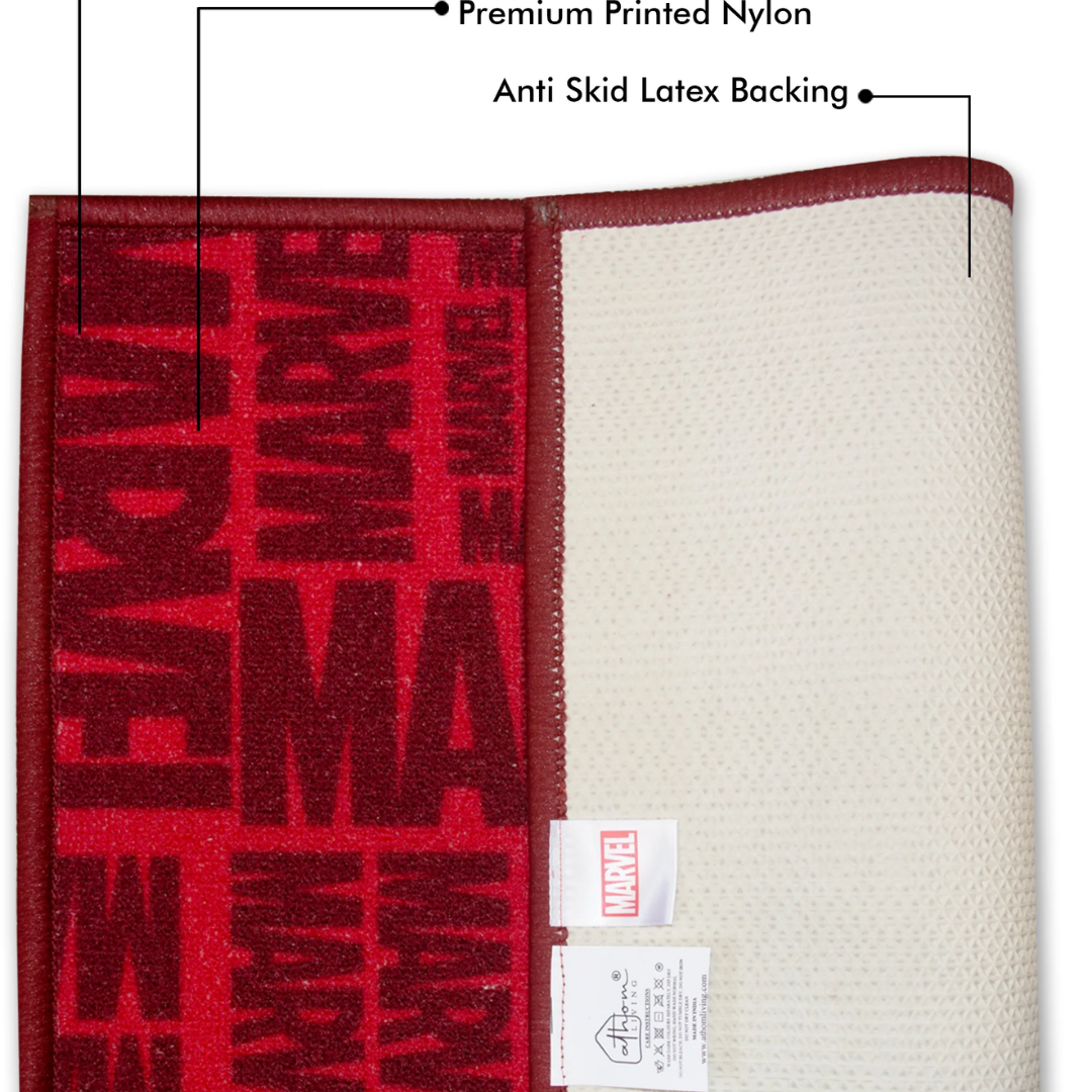 Keep kids safe with Marvel “Fearless. Fierce. Red.” Anti Skid kids Doormat by Athom Living, vibrant red, non-slip, easy to clean, perfect for children’s bedrooms or playful home spaces.