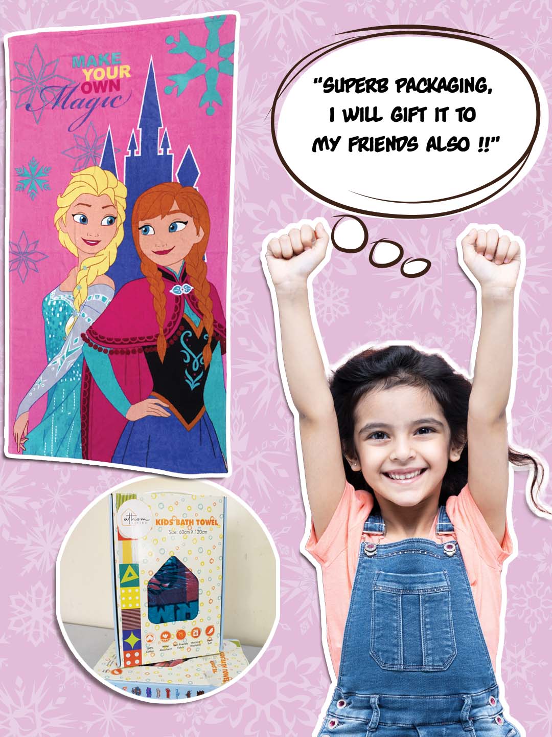 Kids’ Disney Frozen Cotton Bath Towel 60x120 cm 350 GSM by Athom Living, a soft and comfortable bath towel ideal for drying after bath or swim with fun Frozen graphics.