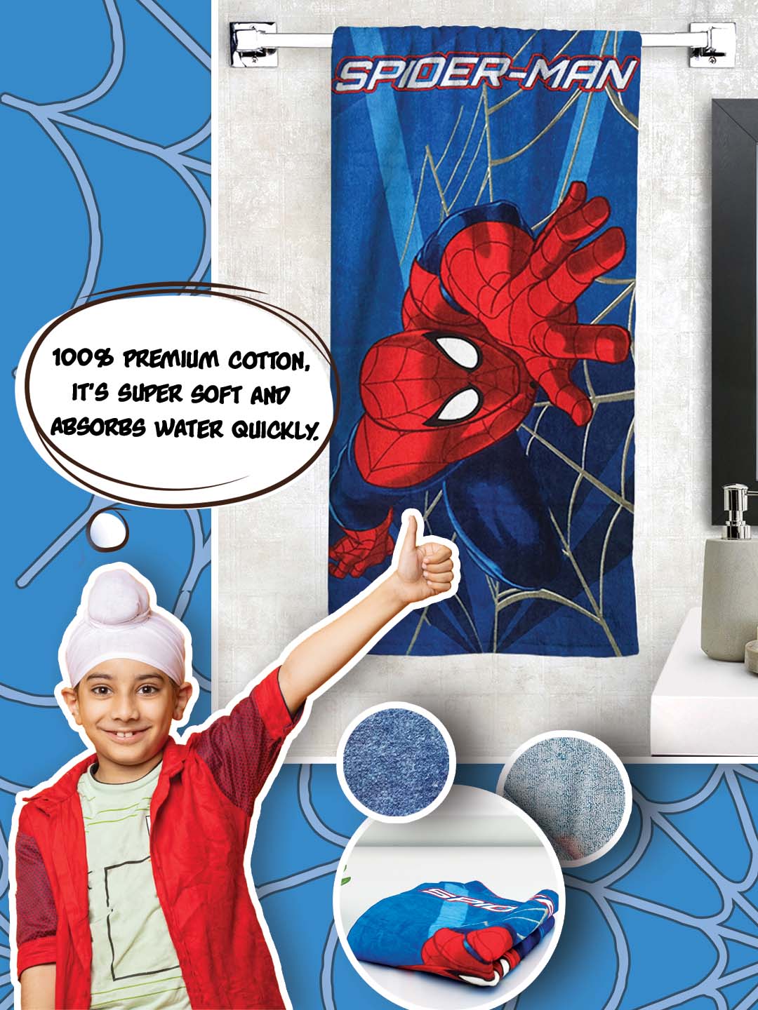 Kids bath towel featuring blue Spiderman design soft