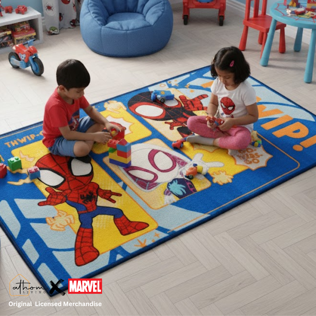 Kids’ bedroom comes alive with this Spidey themed carpet, featuring bold colors and superhero graphics, 90x150cm, creating a cozy and exciting play space for little Spider-Man fans.