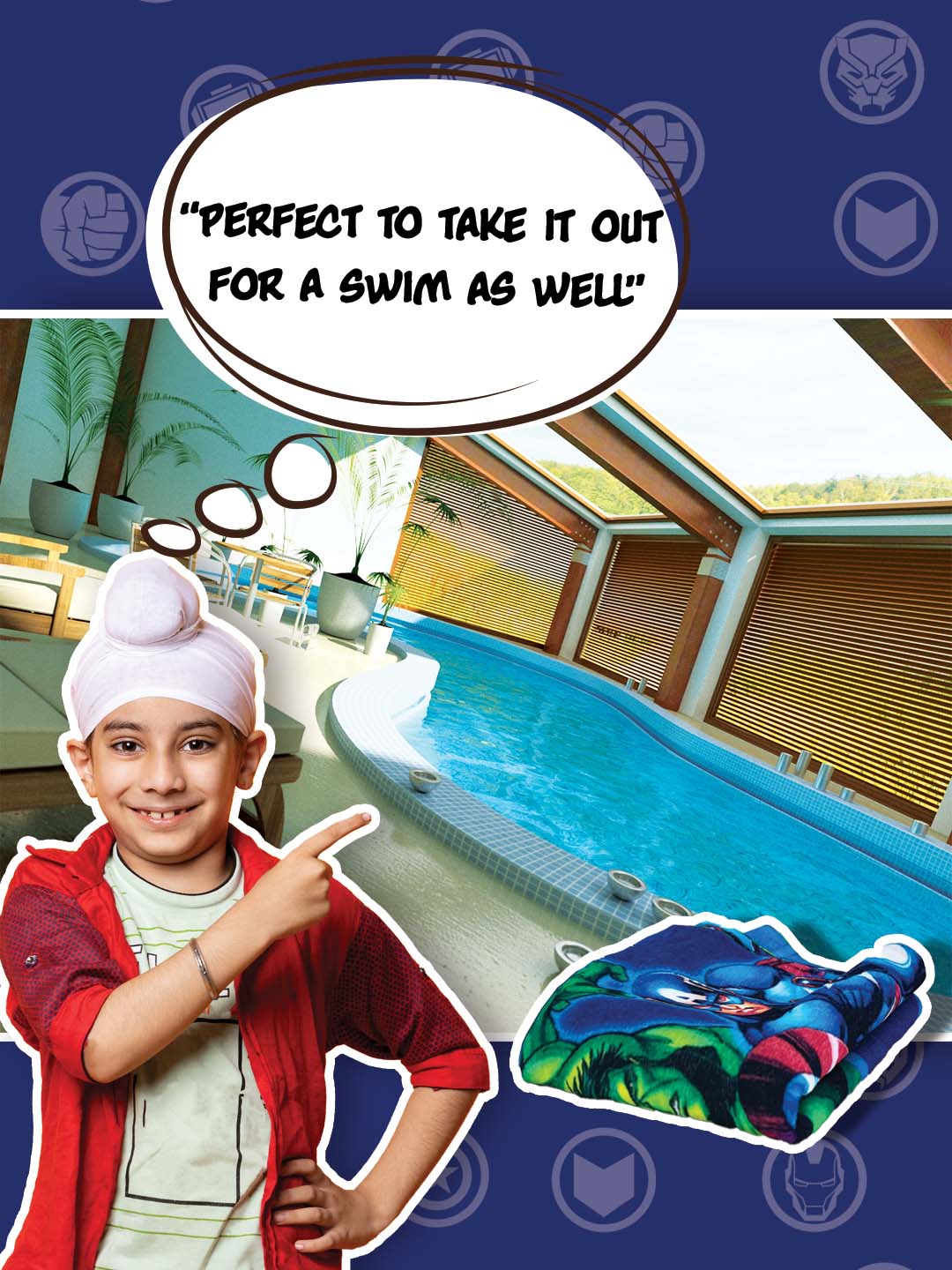 Kids cotton bath towel with Marvel Blue Avengers design by Athom Living, 350 GSM softness, 60x120 cm, offering excellent absorbency and comfort, perfect for daily bathing and for little fans of superhero themes.