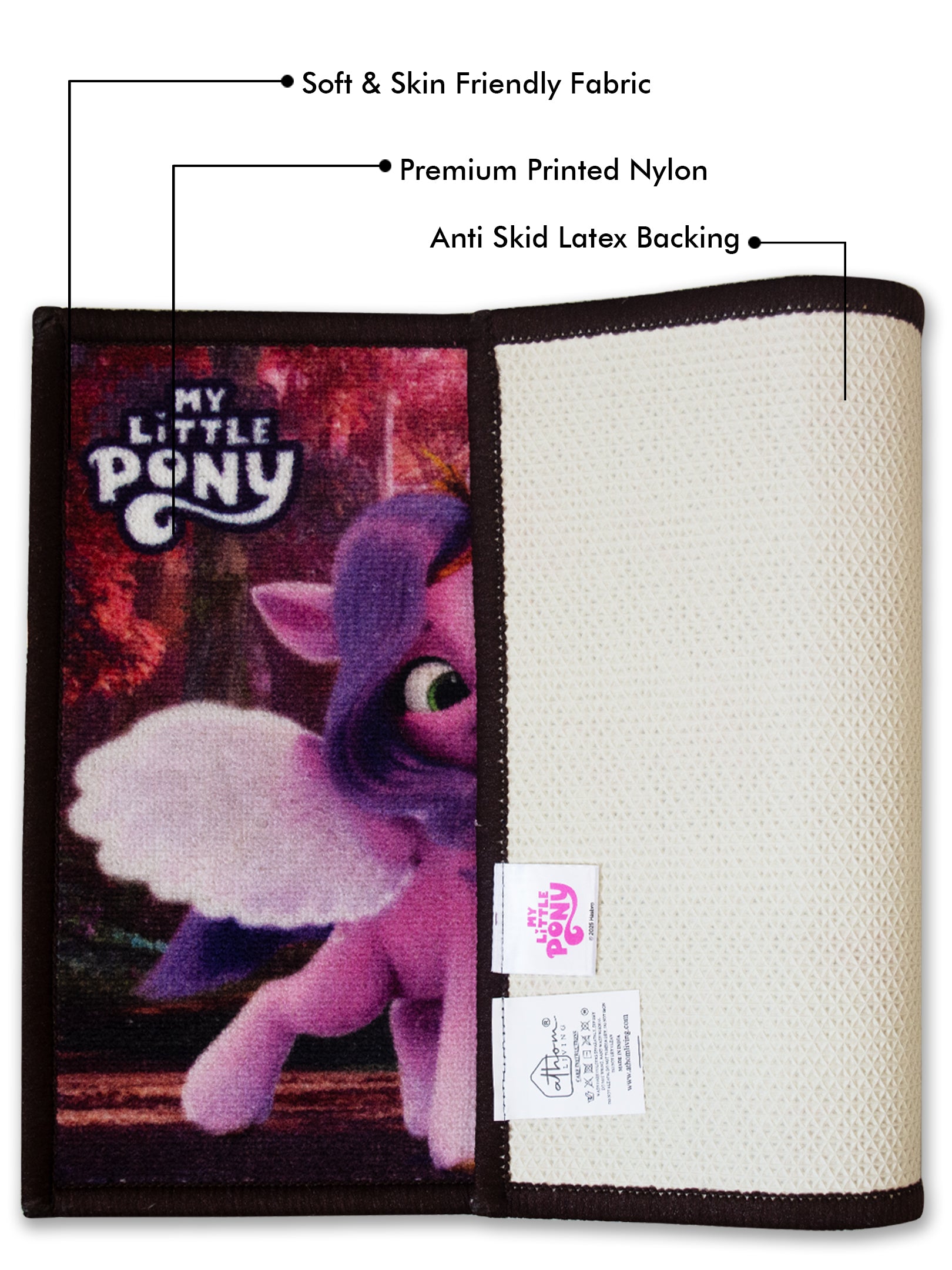 Kids multicolour My Little Pony doormat pack of 2, premium nylon fabric, anti-slip latex backing, perfect for bedroom, bathroom, or play area.
