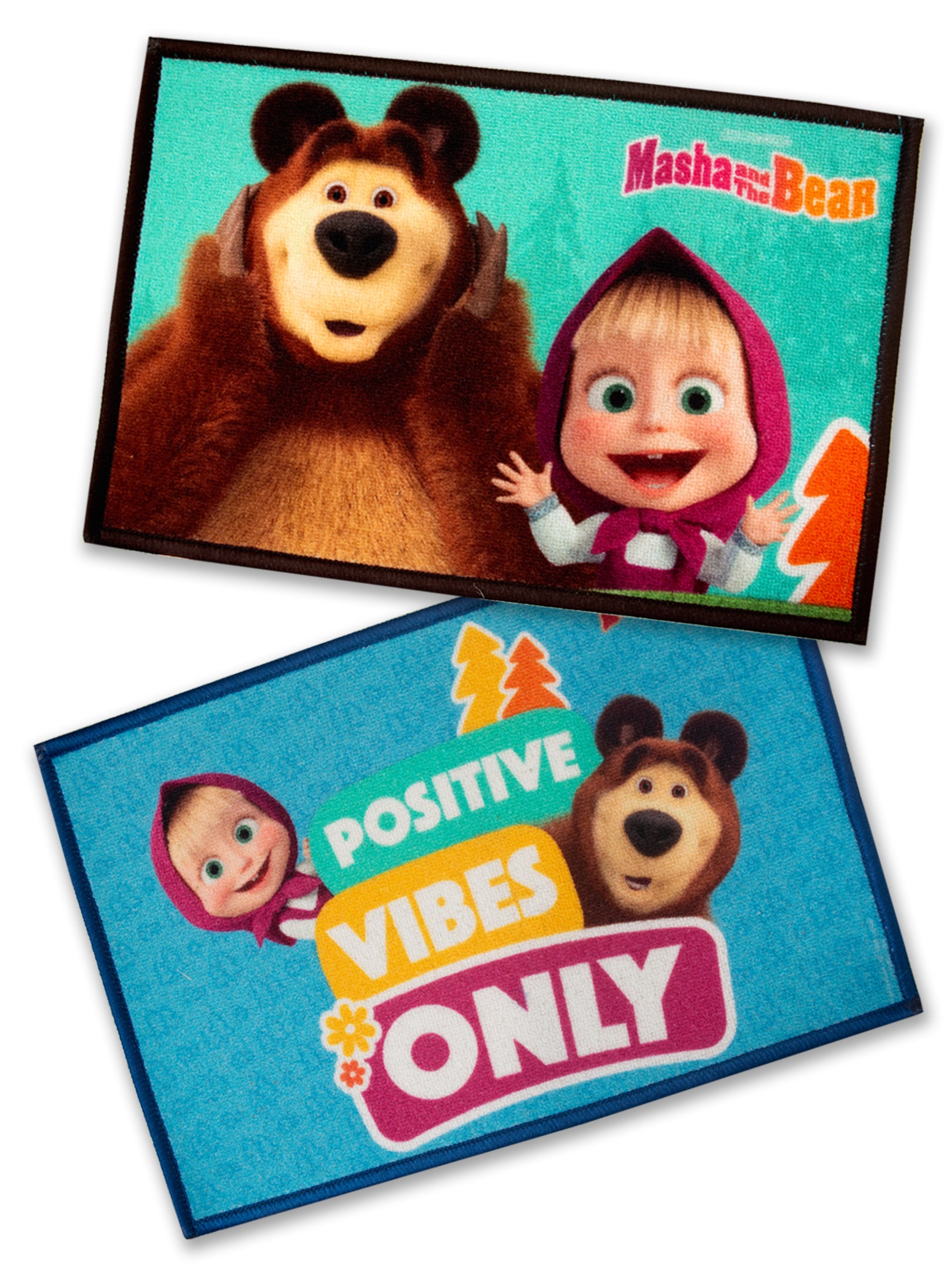 Colorful Masha and The Bear themed kids nylon doormat combo, 37x57 cm, premium anti-skid latex backing mats for home décor, pack of 2 by Athom Living.
