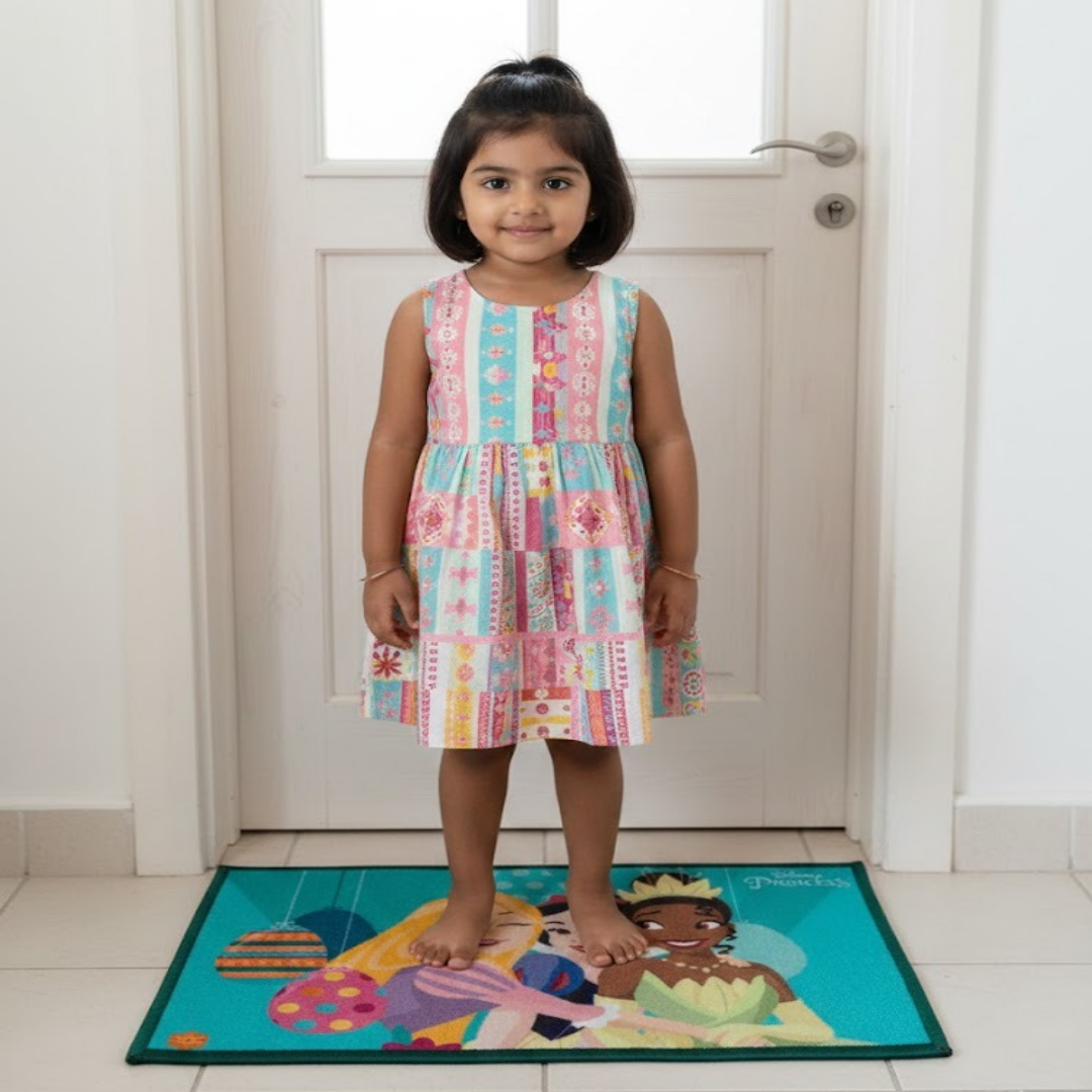 Kids room décor enhanced with Athom Living Disney Princess themed carpet and doormat set, offering comfort, vibrant design and safety through a reliable anti skid carpet & doormat combo