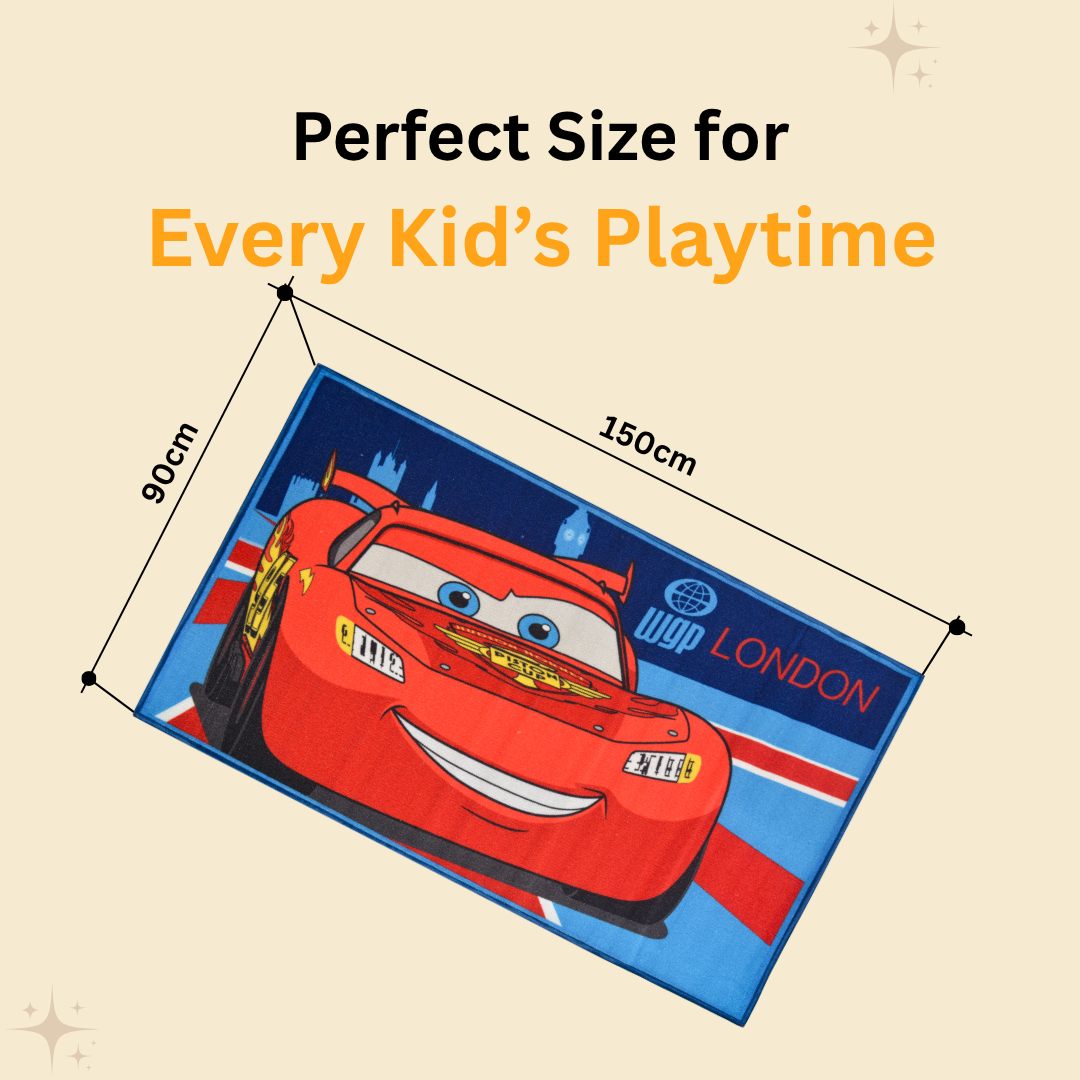 Kids will love this Disney Cars carpet by Athom Living, 90x150cm, decorated with Lightning McQueen and friends, creating a fun, vibrant, and cozy space in their bedroom or playroom.