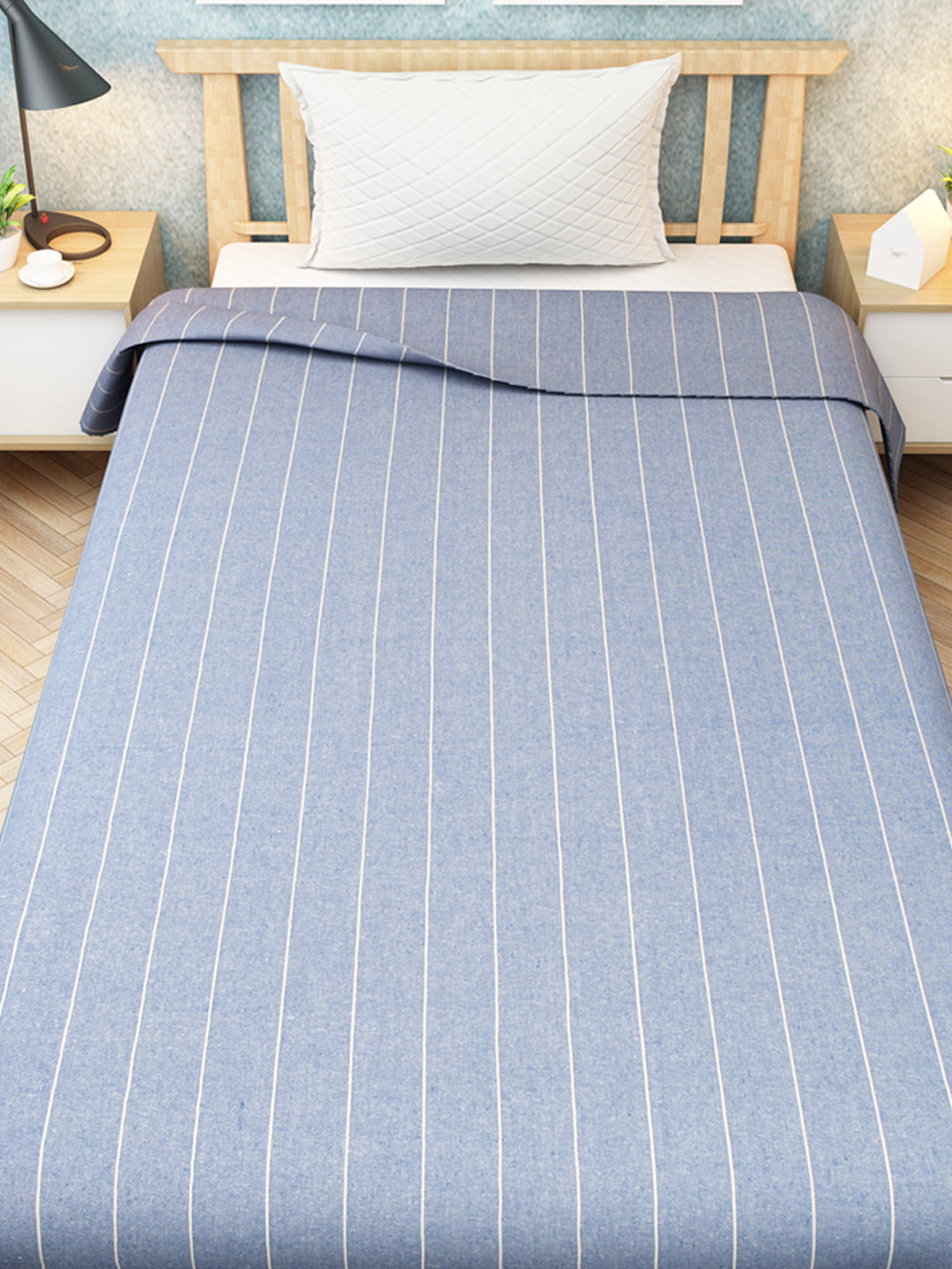 Lightweight summer stripes cotton chaddar in sky blue by Athom Living, designed for all-season coziness. Soft texture and durable fabric make it a perfect choice for refreshing and elevating bedroom décor.