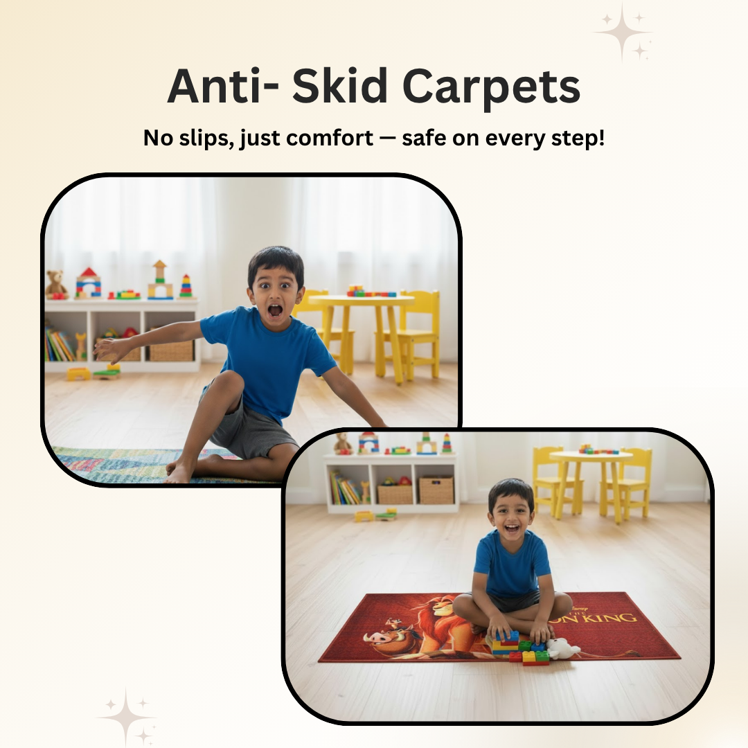 Lion King themed runner carpet by Athom Living adds fun and comfort to kids’ rooms, crafted with soft material, non-slip base, and colorful character graphics for a playful and durable runner carpet.