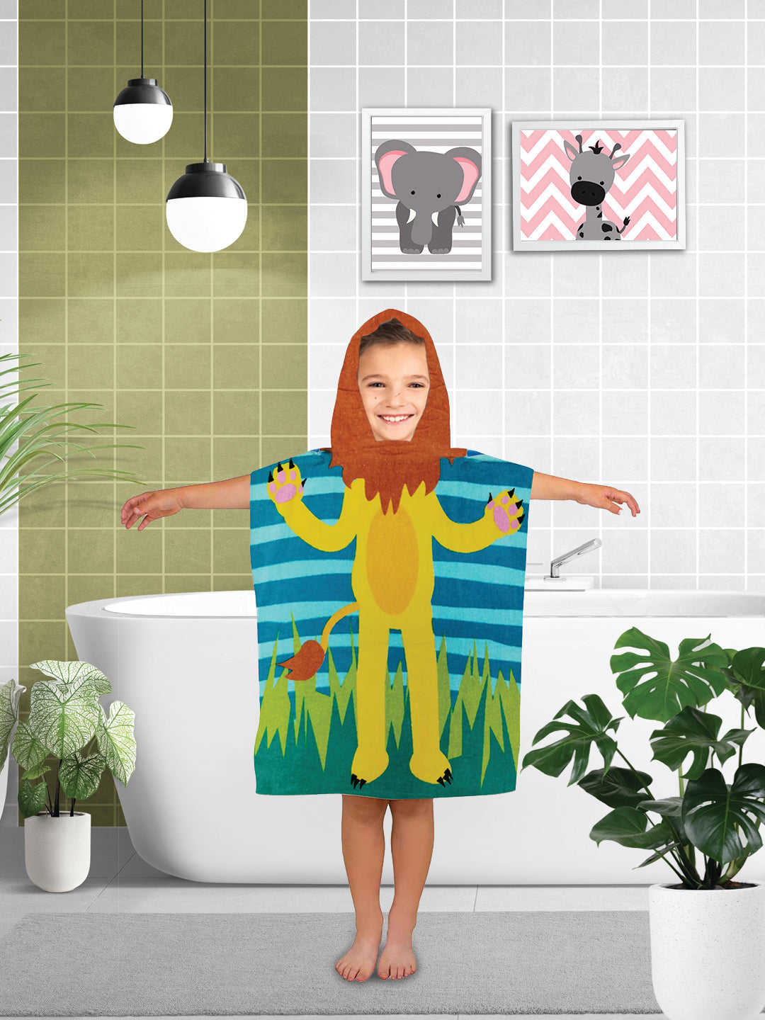 Lion in Jungle Kids Hooded Bath Towel Poncho by Athom Living designed with vibrant jungle artwork, soft fabric, and high absorbency, perfect for Kids Hooded Poncho Towels collections loved by young kids.