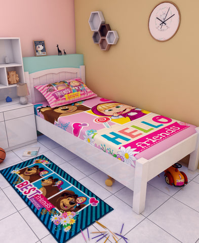 Athom Living Masha and The Bear Cotton Single Kids Bedsheet With Runner Carpet