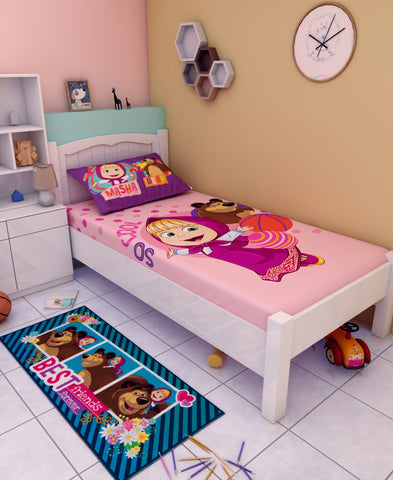Athom Living Masha and The Bear So Cool Cotton Single Kids Bedsheet With Runner Carpet