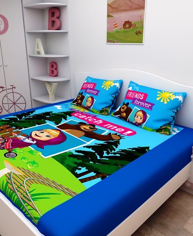 Athom Living Friends Forever Masha and The Bear Digital Printed Cotton Kids Double Bedsheet 270x270 cm with 2 Pillow Cover