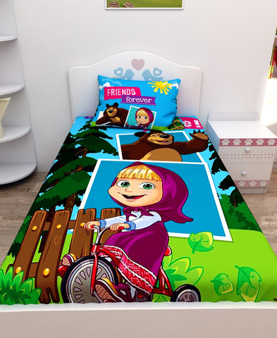 Athom Living Friends Forever Masha and The Bear Digital Printed Cotton Kids Single Bedsheet 147x223 cm with Pillow Cover