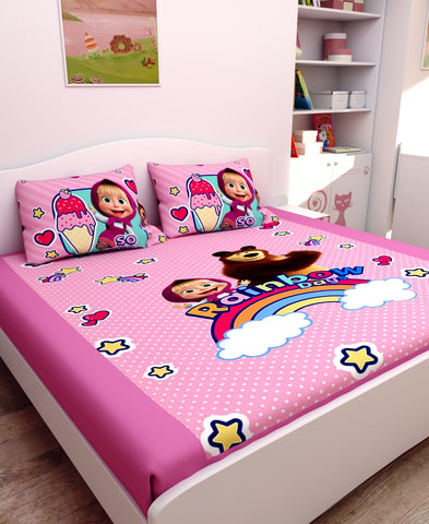 Athom Living Rainbow Bags Masha and The Bear Digital Printed Cotton Kids Double Bedsheet 270x270 cm with 2 Pillow Cover