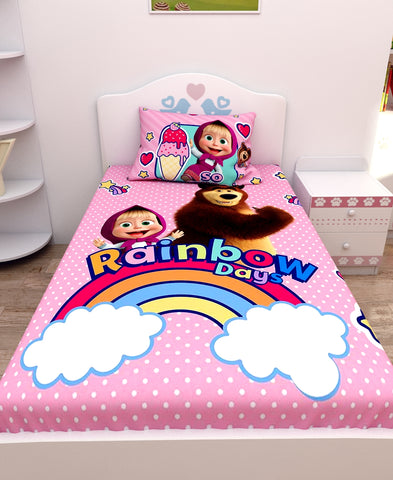 Athom Living Rainbow Bags Masha and The Bear Digital Printed Cotton Kids Single Bedsheet 147x223 cm with Pillow Cover