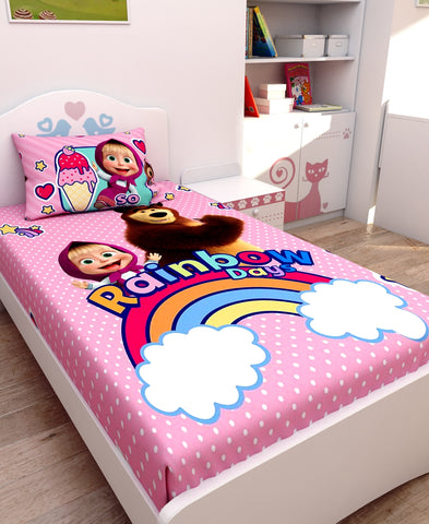 Athom Living Rainbow Bags Masha and The Bear Digital Printed Cotton Kids Single Bedsheet 147x223 cm with Pillow Cover