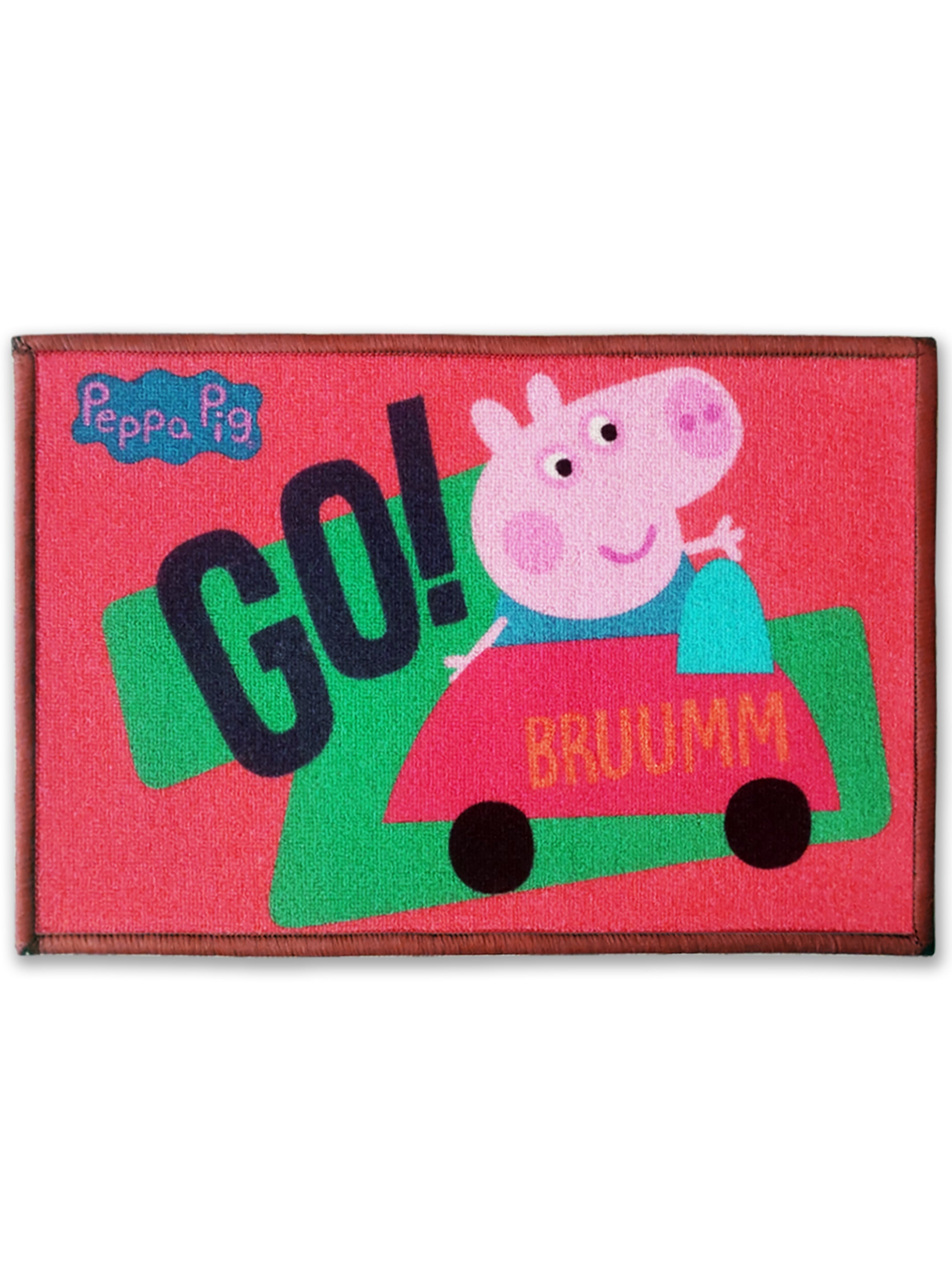 Make entryways playful with this Peppa Pig “Go Bruumm” Kids Doormat crafted from soft, durable nylon. Anti-skid latex base ensures grip and safety for little feet.