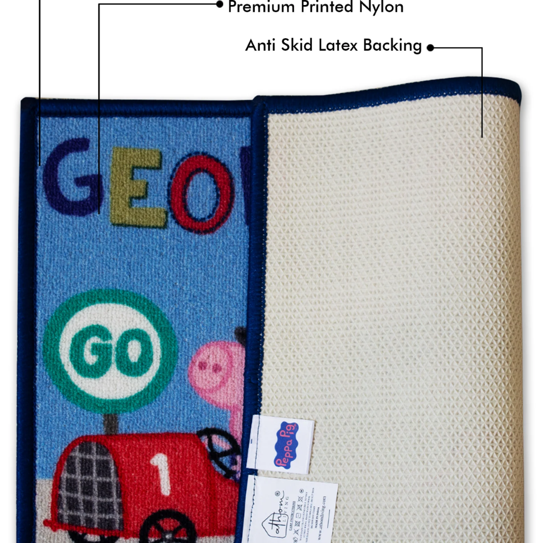 Make your child’s space more exciting with this Peppa Pig George door mat by Athom Living featuring the “Beep Beep! Honk Honk!” print and durable anti-skid base for a fun and safe floor accessory.