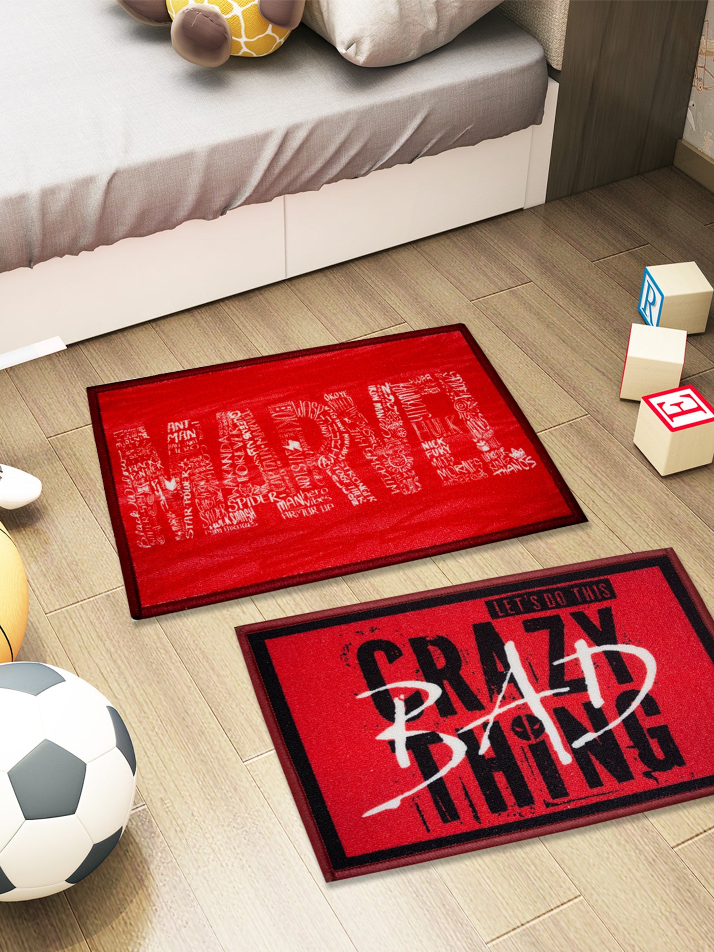 Marvel-themed red and black kids premium nylon doormat combo with latex backing and anti-skid design, size 37x57 cm – set of 2 from Athom Living.