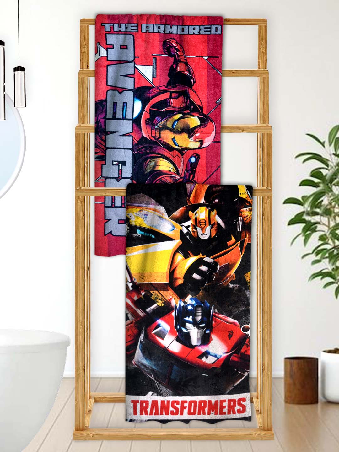 Marvel Avenger and Transformers themed Kids Cotton Bath Towel combo pack of 2 by Athom Living, featuring vibrant superhero prints, soft cotton fabric, quick absorbency, ideal for kids bath time, beach, pool, or daily use.