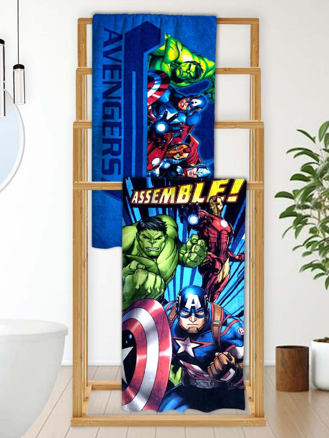 Marvel Avengers Assemble Kids Cotton Bath Towel by Athom Living featuring Iron Man, Captain America and Hulk, made from soft absorbent cotton, ideal for kids bath time, beach use or daily drying comfort.